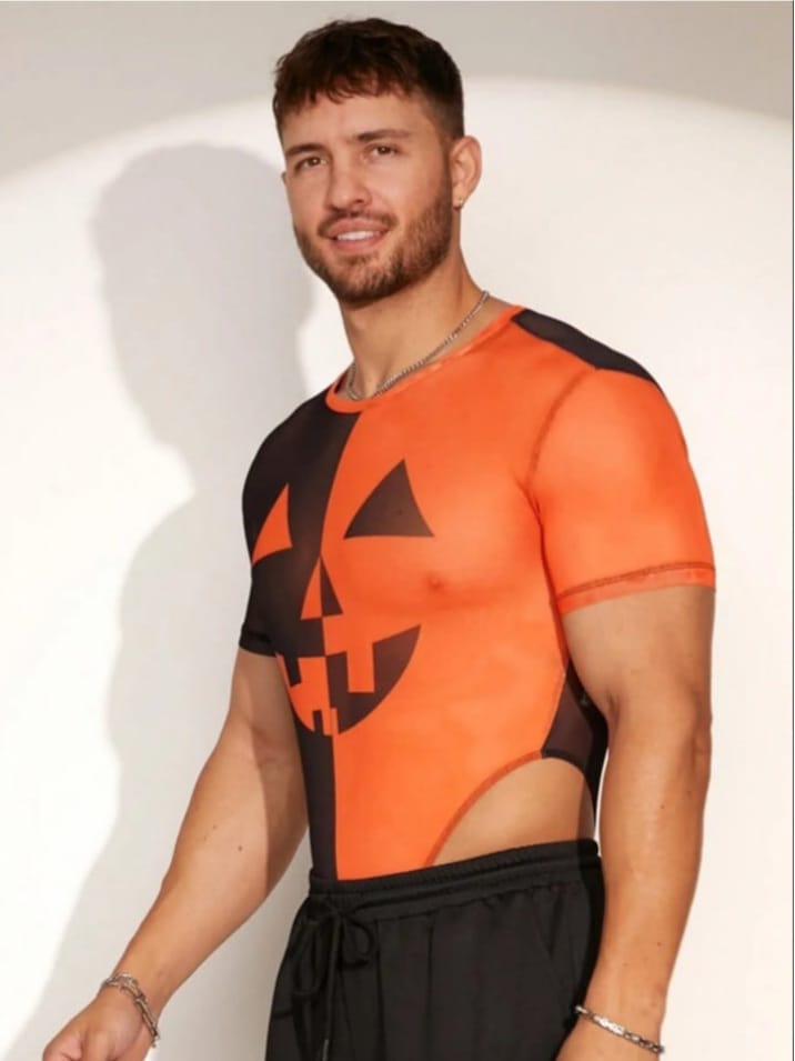 men's sexy contrast color splicing print mesh bodysuit